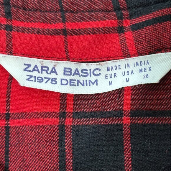 Zara Basic Women's Size M Top Red Plaid Embroidered Beaded Button Up Shirt - Picture 4 of 6